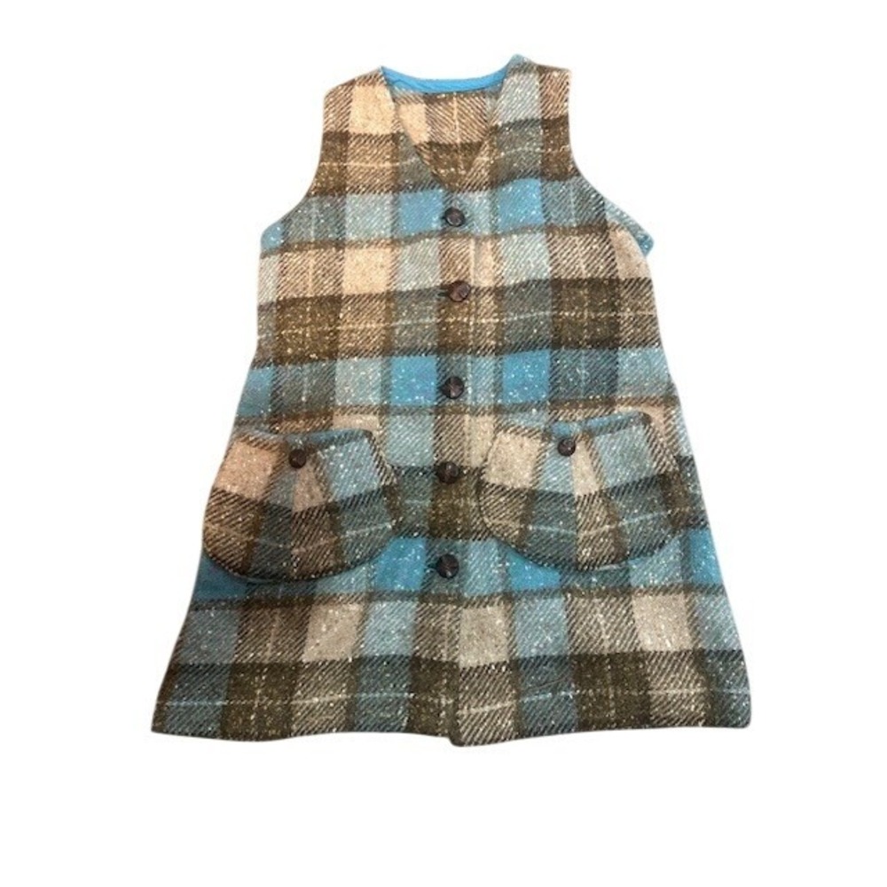 Vintage 1960s 4T/5T Plaid Tweed Pinafore Dress Handmade Blue Brown Jumper 24in L